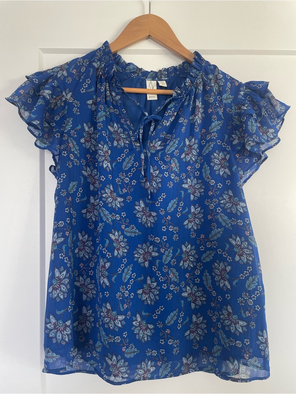 Joie Royal Blue Floral Ruffle Tie-Neck Blouse